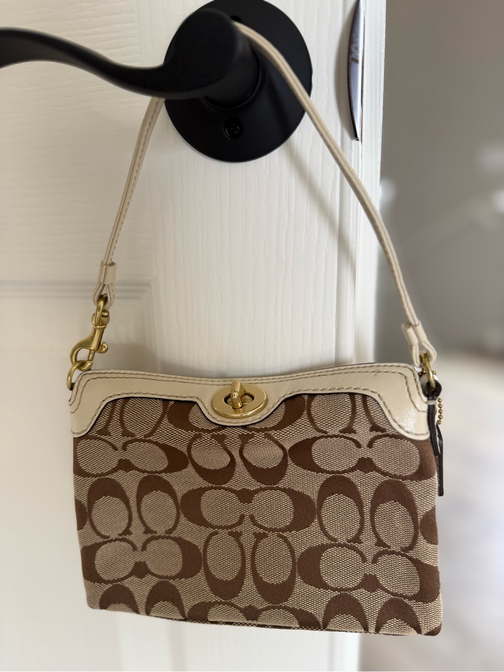 Coach Brown & Cream Signature Canvas Shoulder Bag with Gold Hardware